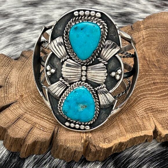 1960s Native American NAVAJO Sterling Silver Turquoise Cuff Bracelet Fan Shapes - Picture 1 of 5